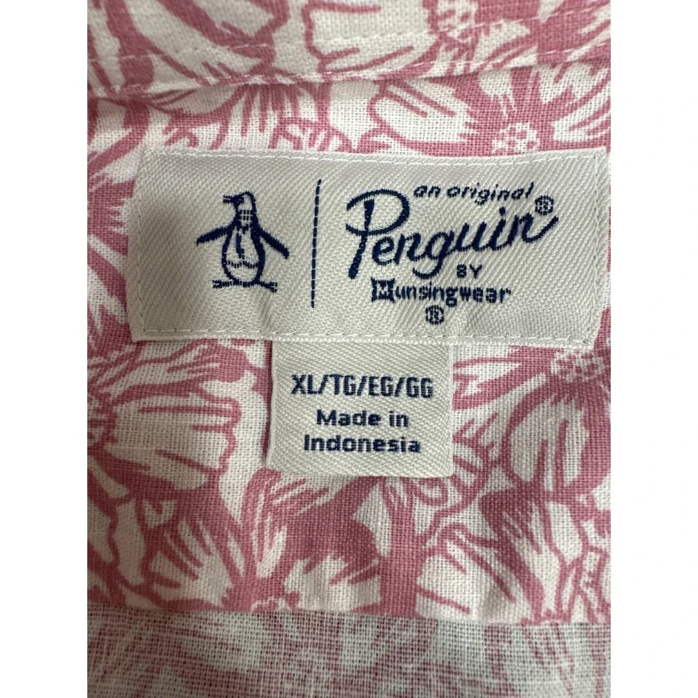 Original Penguin Mens XL Pink‎ Floral Linen Blend Short Sleeve Button Down Shirt